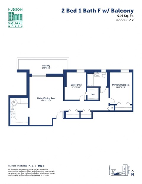 Floor plan for 2 beds, 1 bath, 914 sqft